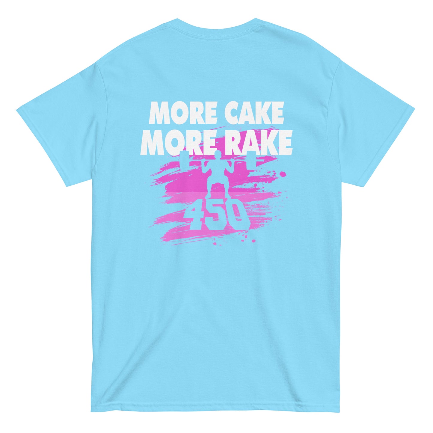 A back view showing the pink graphic on the sky blue shirt.