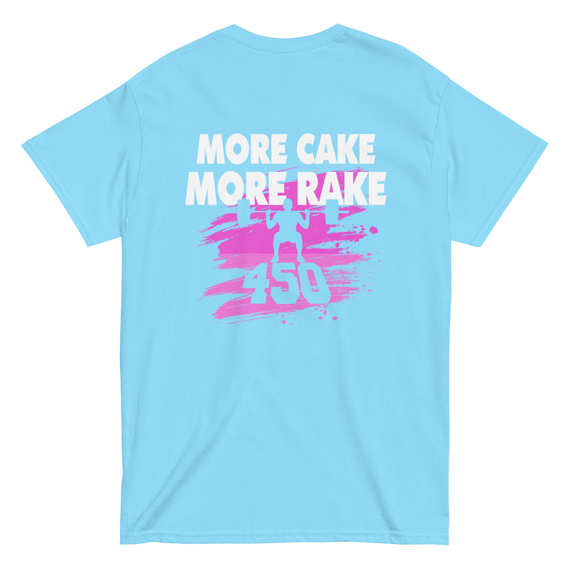 A back view showing the pink graphic on the sky blue shirt.
