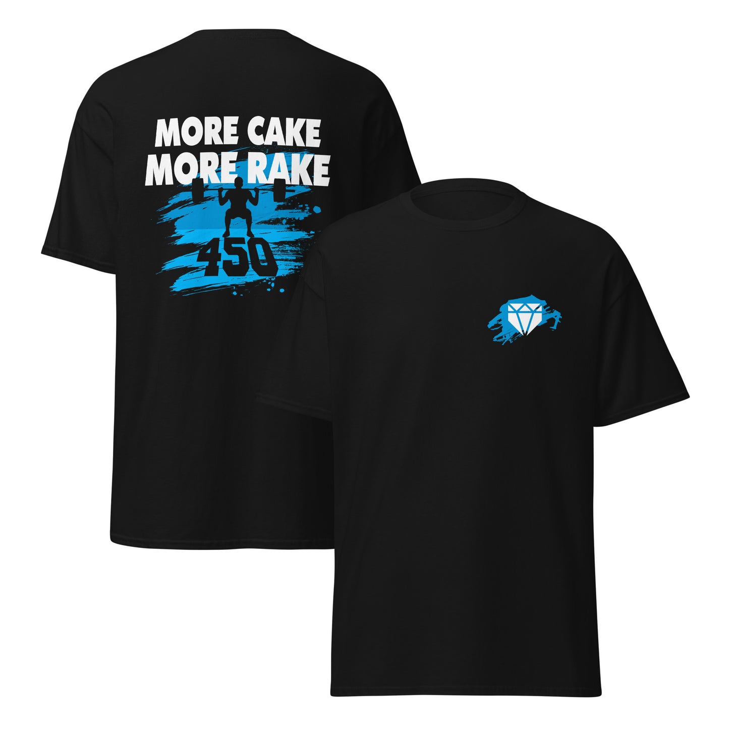 A front and back view of the black More Cake More Rake baseball shirt with blue design for training or casual wear.