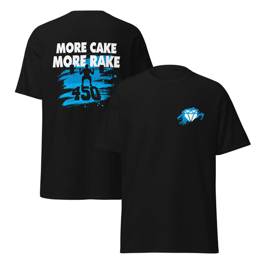 A front and back view of the black More Cake More Rake baseball shirt with blue design for training or casual wear.