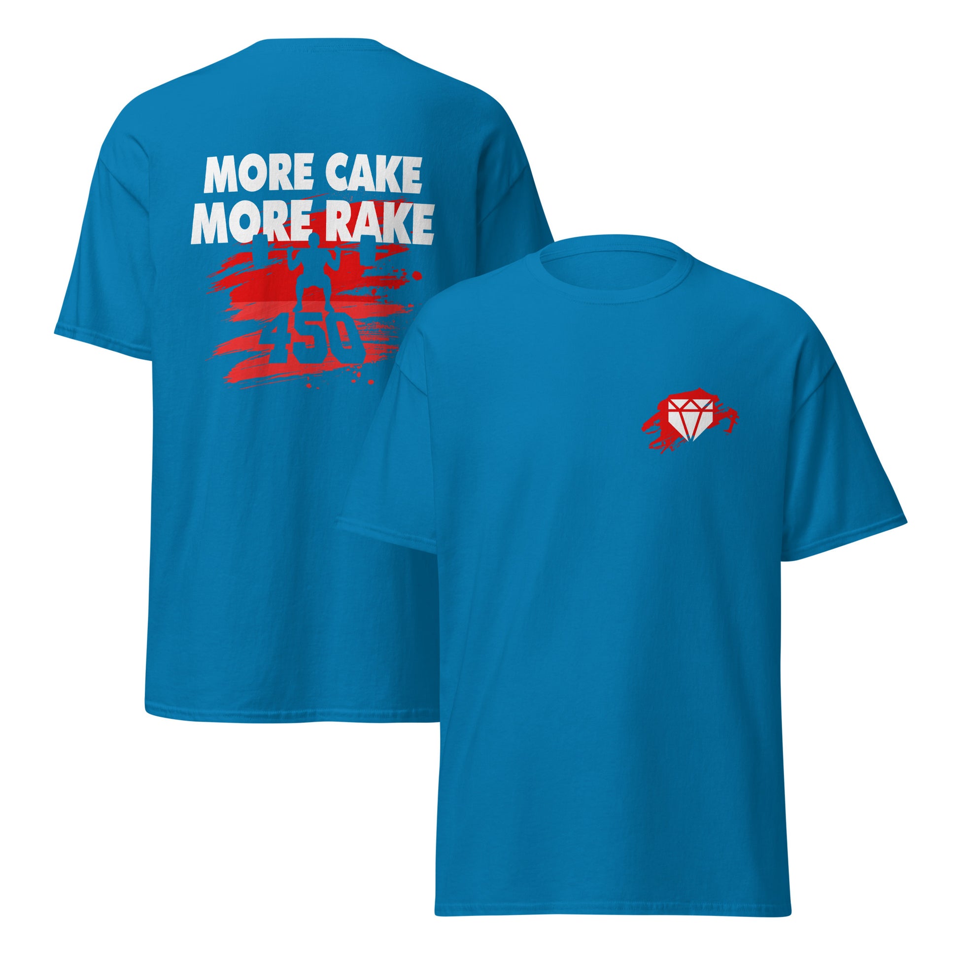 A front and back view of the blue More Cake More Rake baseball shirt with orange design for training or casual wear.
