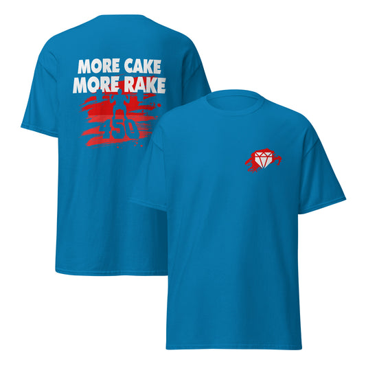 A front and back view of the blue More Cake More Rake baseball shirt with orange design for training or casual wear.