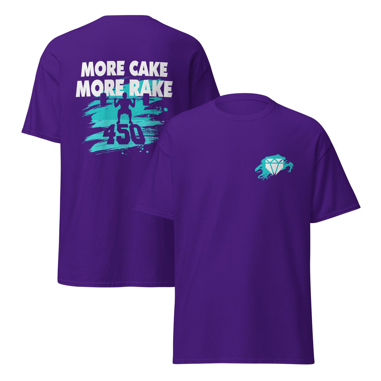 A front and back view of the purple More Cake More Rake baseball shirt with teal design for training or casual wear.