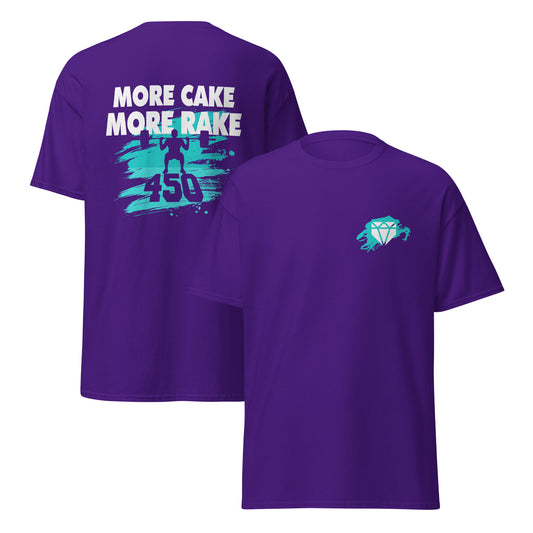 A front and back view of the purple More Cake More Rake baseball shirt with teal design for training or casual wear.