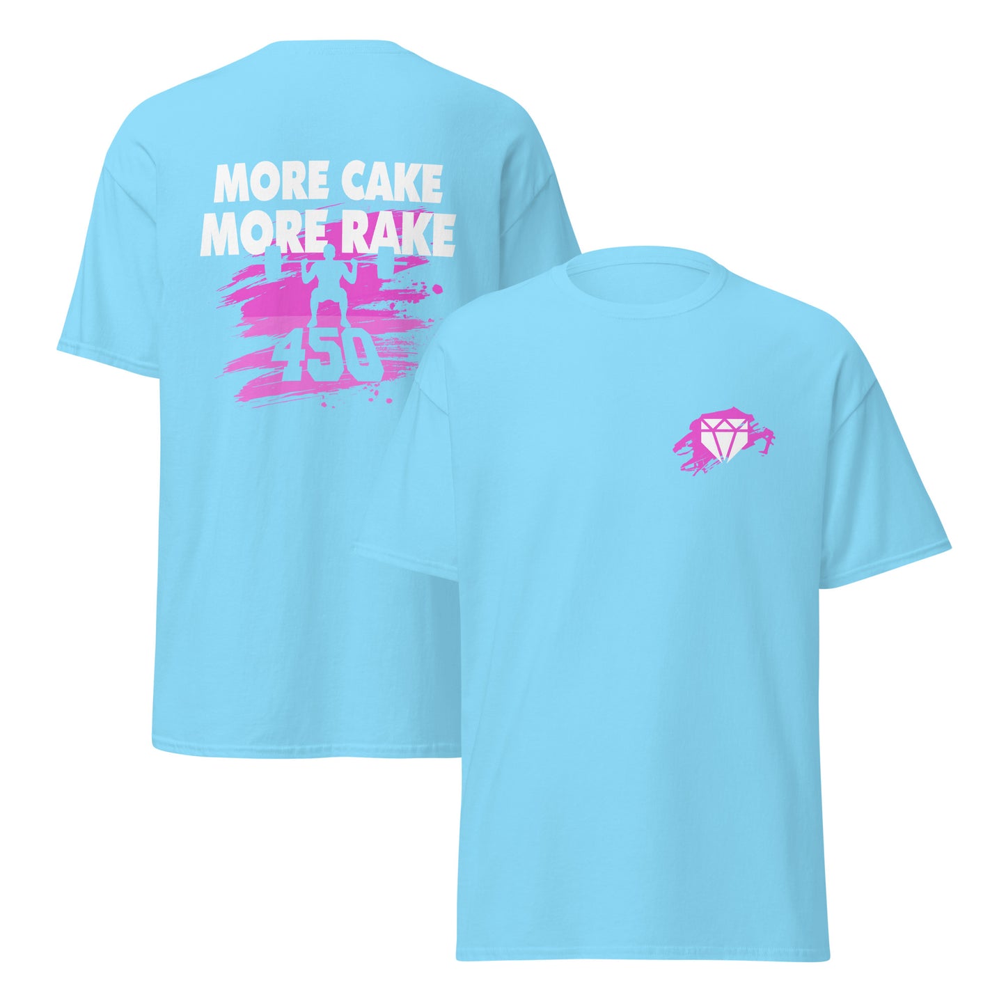 A front and back view of the sky blue More Cake More Rake baseball shirt with blue design for training or casual wear.
