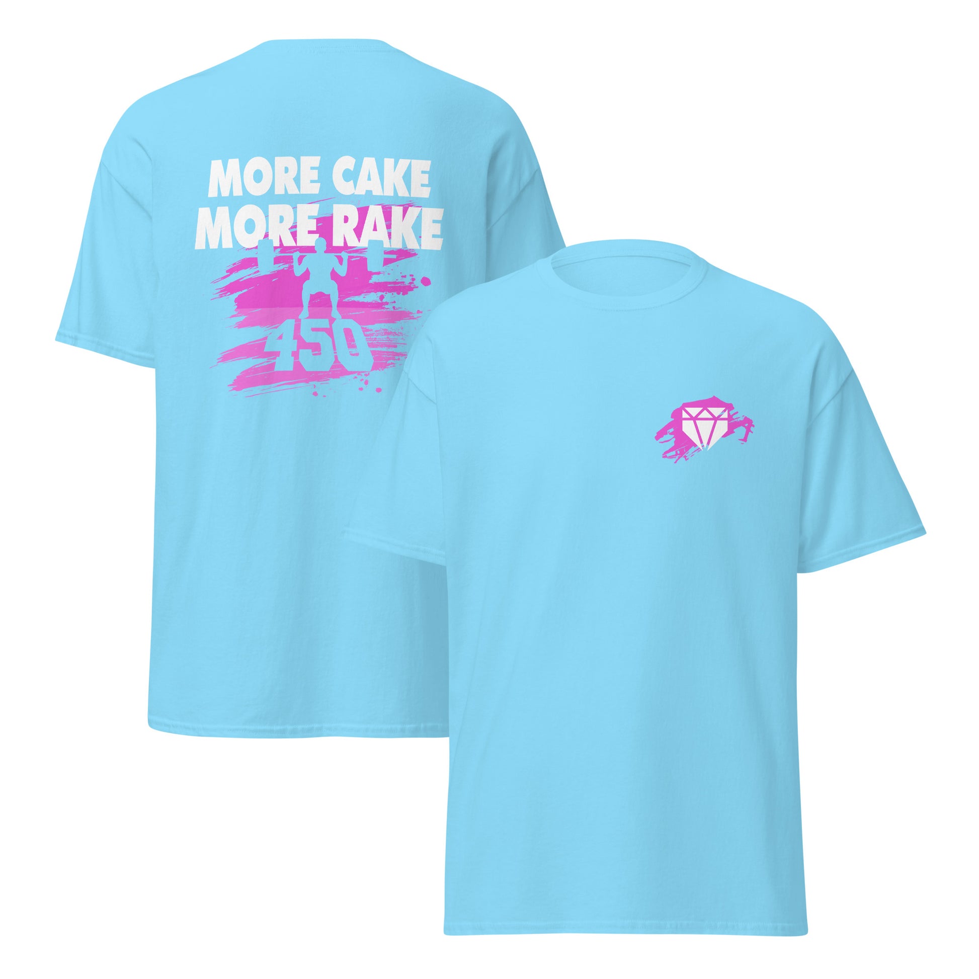 A front and back view of the sky blue More Cake More Rake baseball shirt with blue design for training or casual wear.