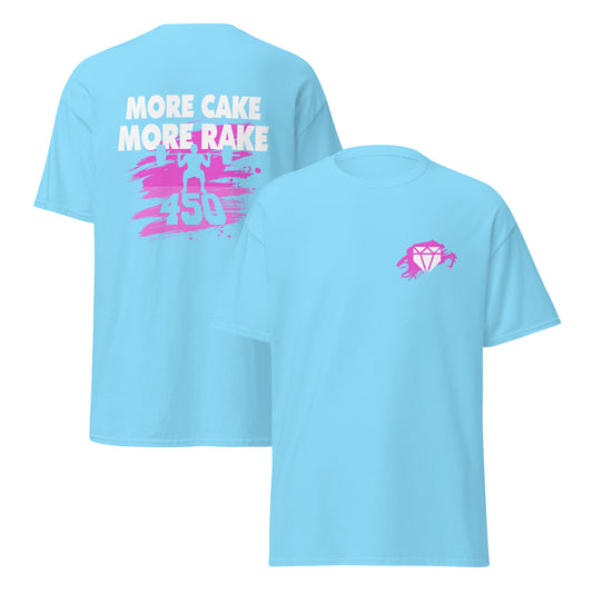 A front and back view of the sky blue More Cake More Rake baseball shirt with blue design for training or casual wear.