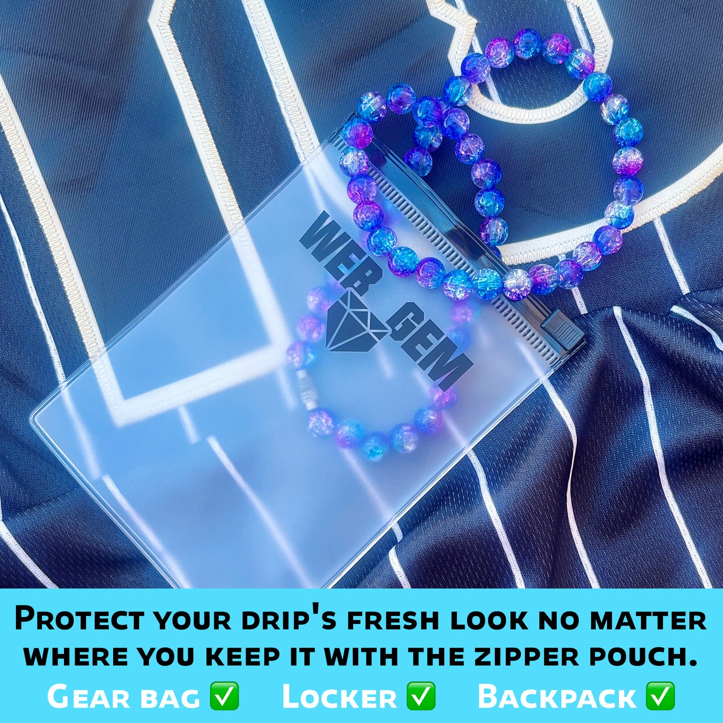 Nebula inside the reusable zipper bag with Web Gem Apparel logo for storing game-day drip.