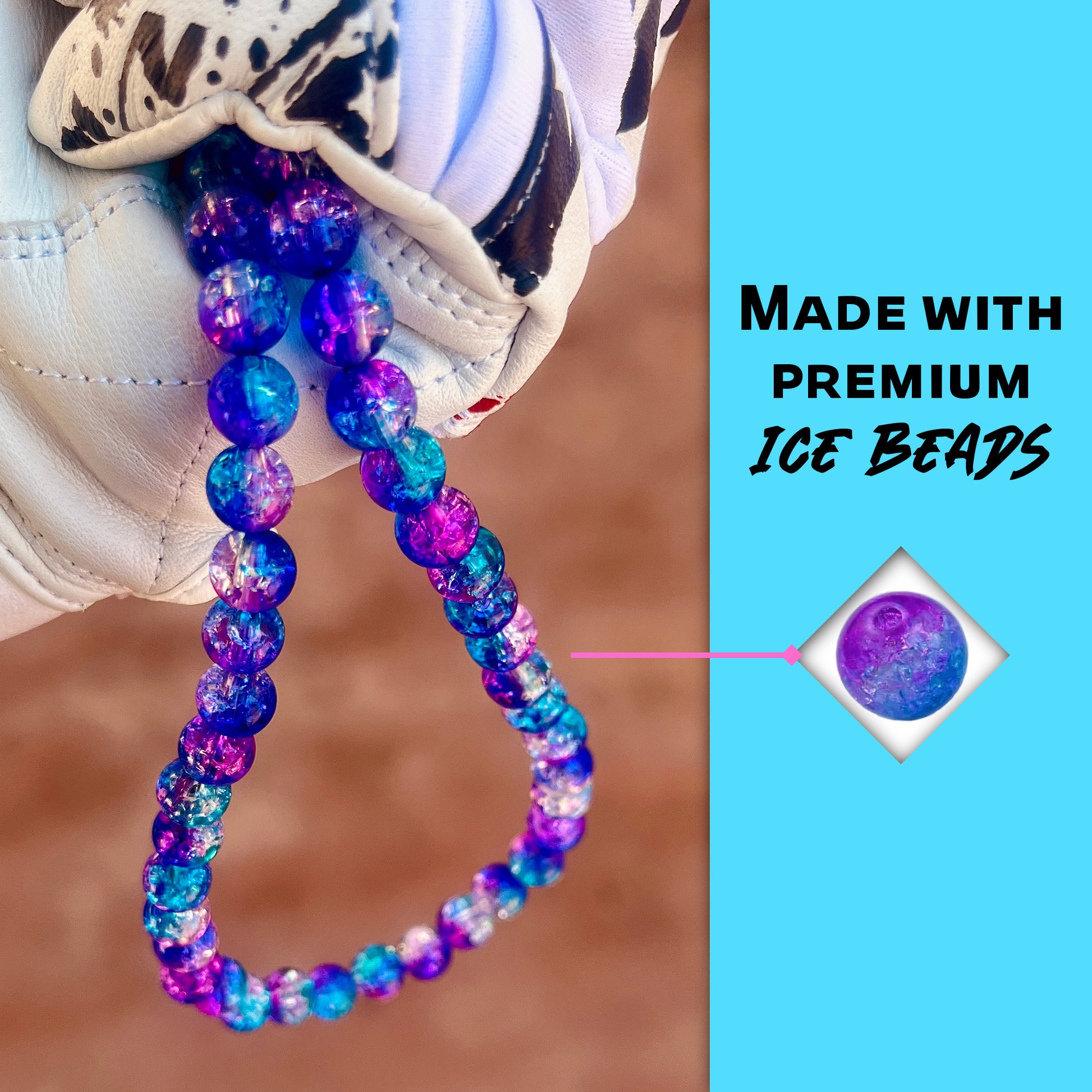Close-up of nebula ice beads on the hand crafted baseball accessory.