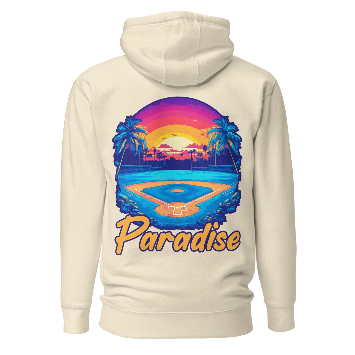 The back of the bone tan Paradise hoodie featuring a tropical paradise baseball field graphic.