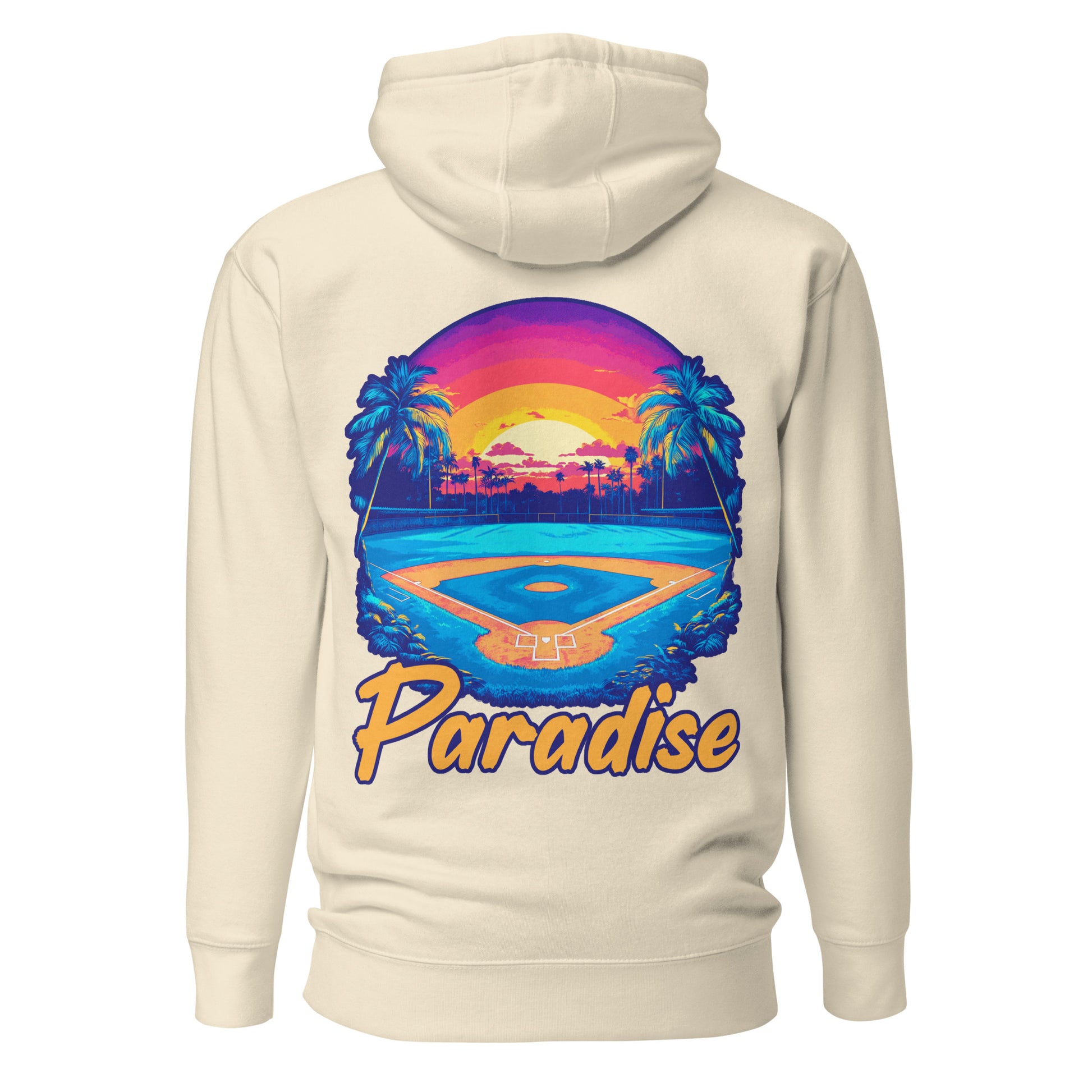 The back of the bone tan Paradise hoodie featuring a tropical paradise baseball field graphic.