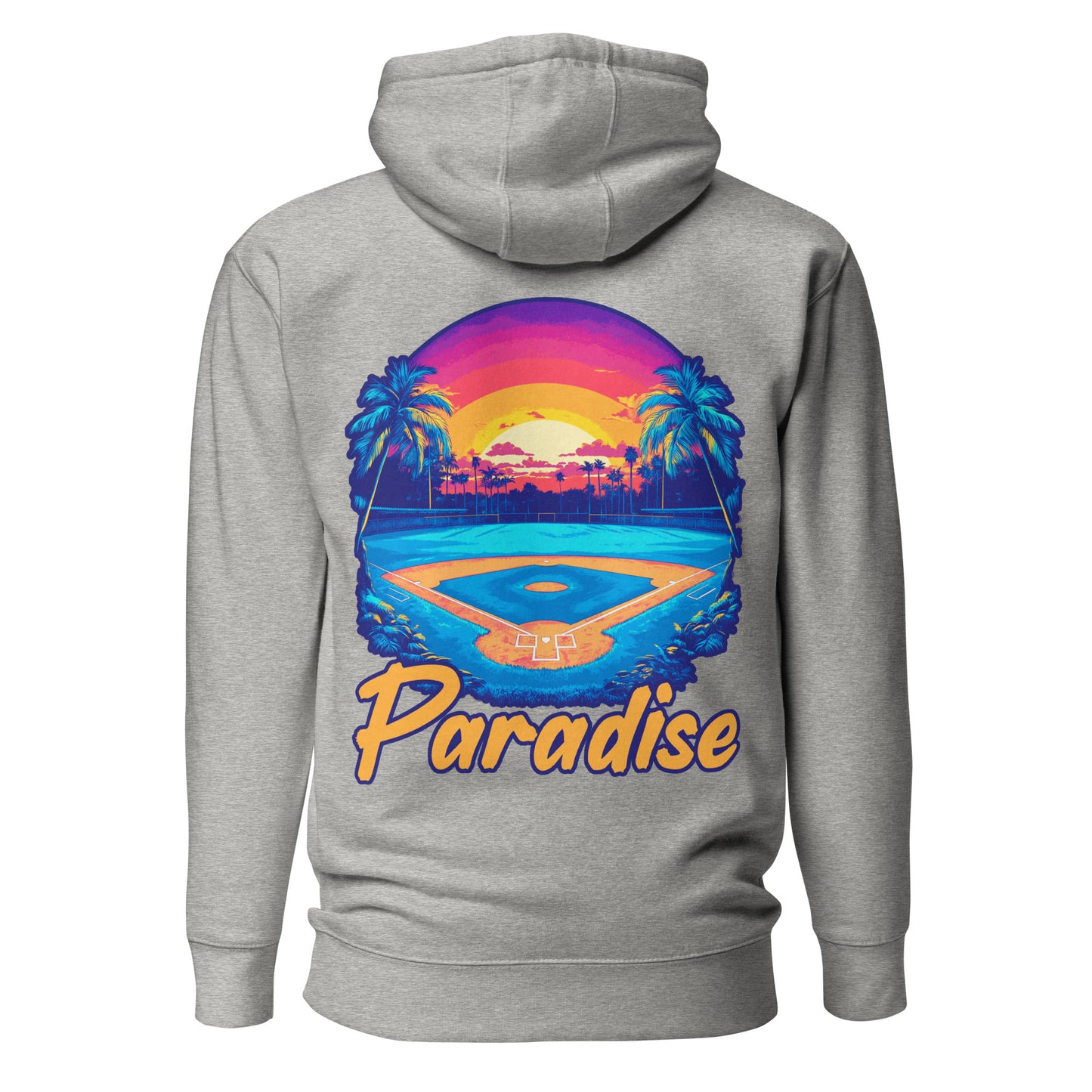 The back of the carbon gray Paradise hoodie featuring a tropical paradise baseball field graphic.