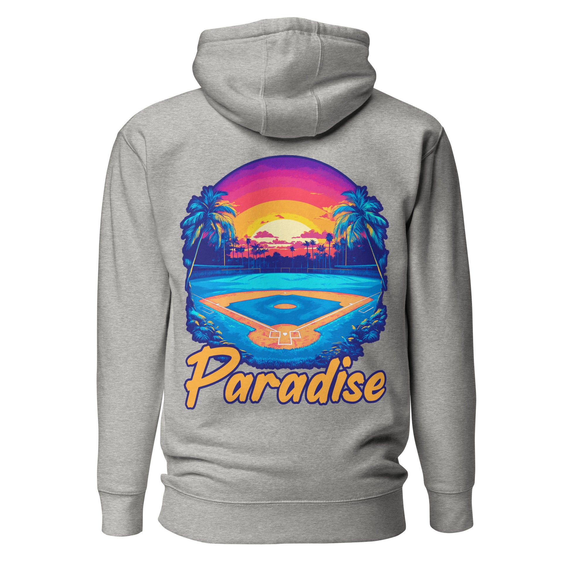 The back of the carbon gray Paradise hoodie featuring a tropical paradise baseball field graphic.