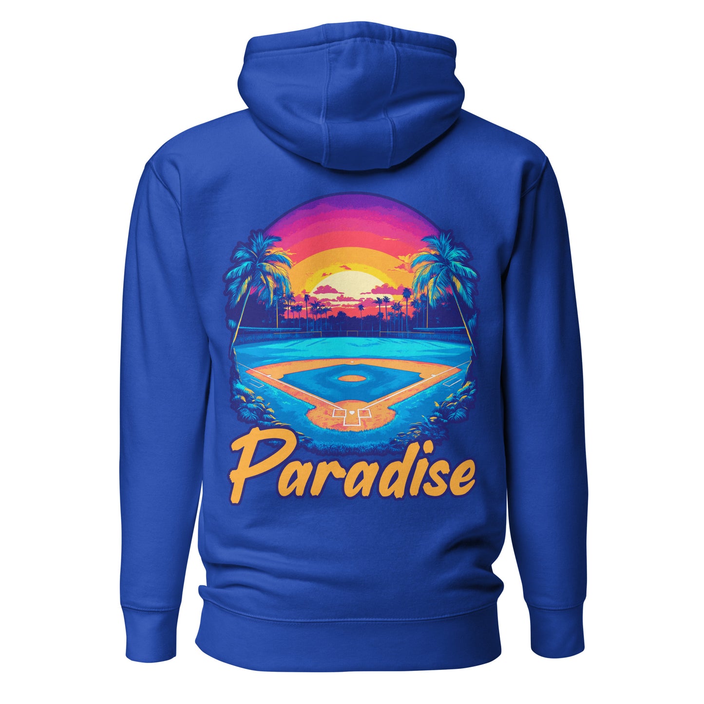 The back of the royal blue Paradise hoodie featuring a tropical paradise baseball field graphic.