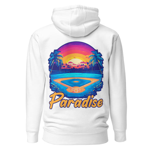 The back of the white Paradise hoodie featuring a tropical paradise baseball field graphic.