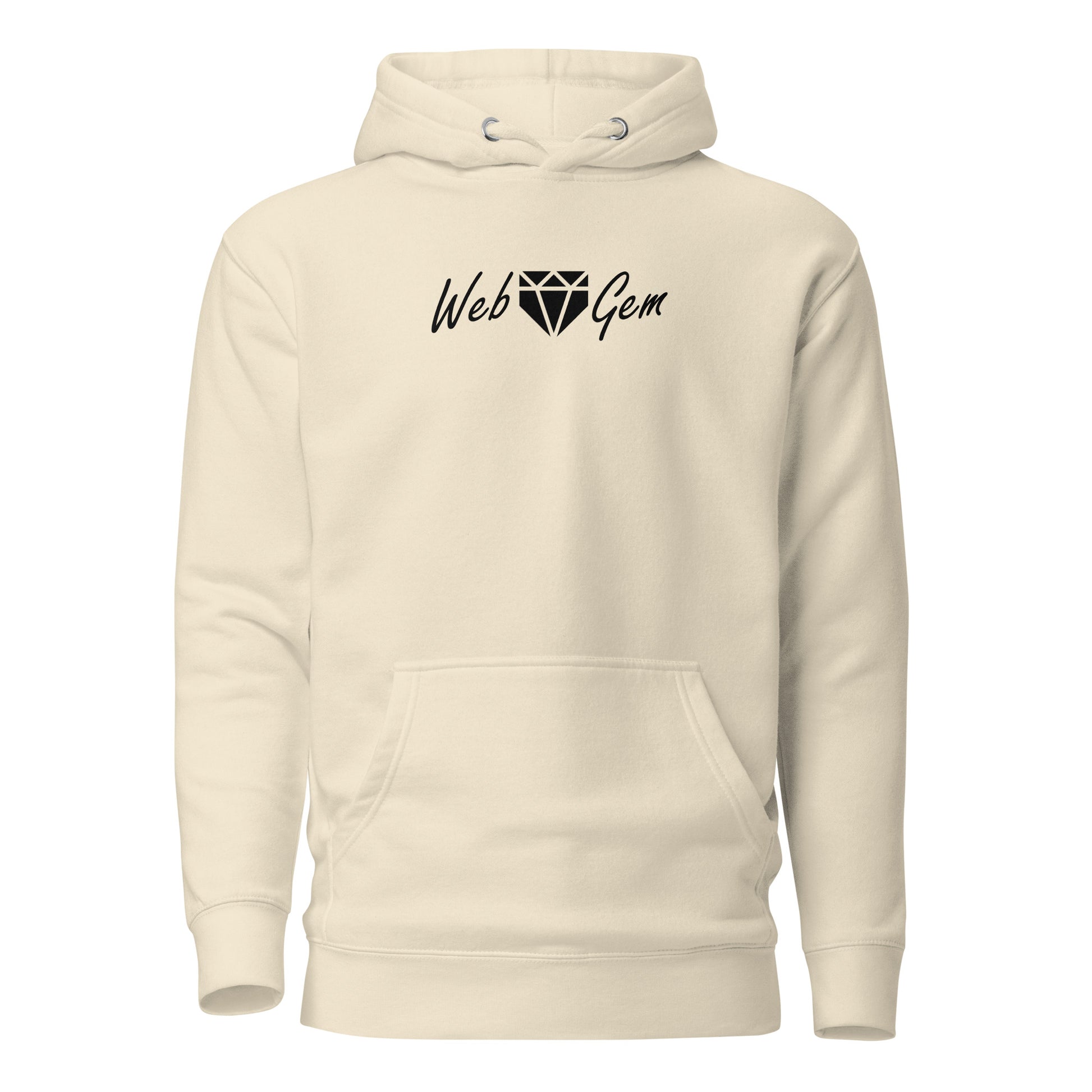 The front of the bone tan Paradise baseball hoodie featuring a script Web Gem logo.