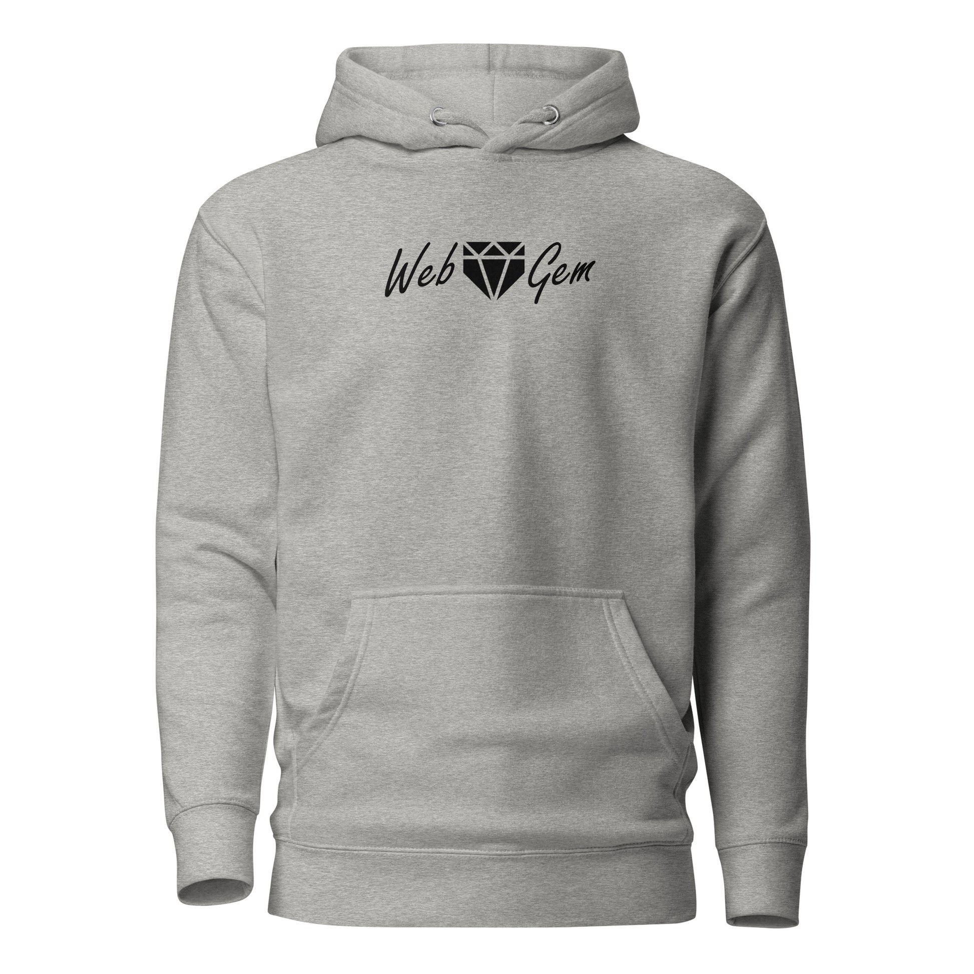 The front of the carbon gray Paradise baseball hoodie featuring a script Web Gem logo.