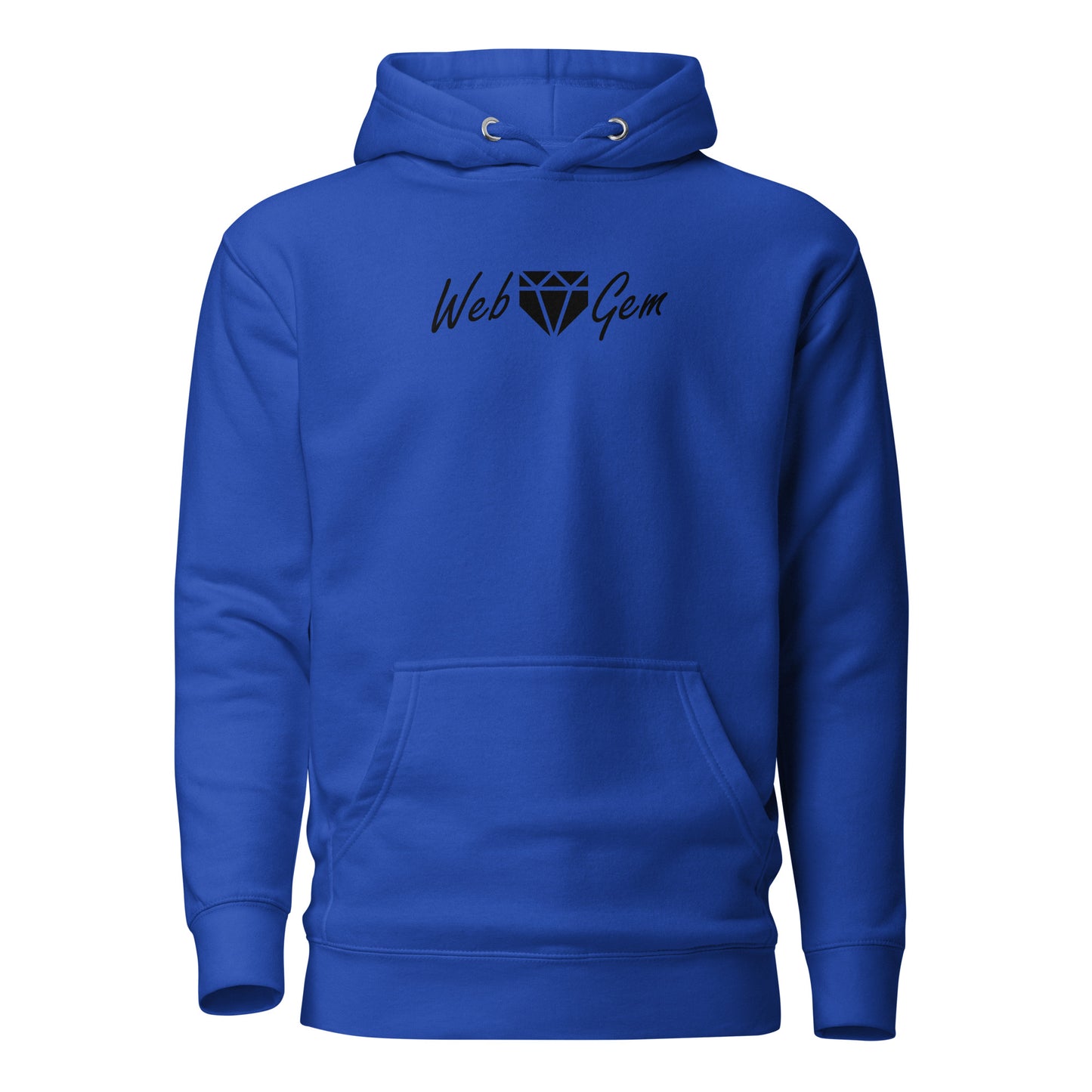 The front of the royal blue Paradise baseball hoodie featuring a script Web Gem logo.
