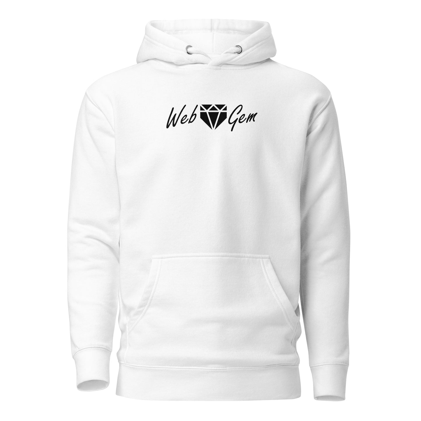 The front of the white Paradise baseball hoodie featuring a script Web Gem logo.