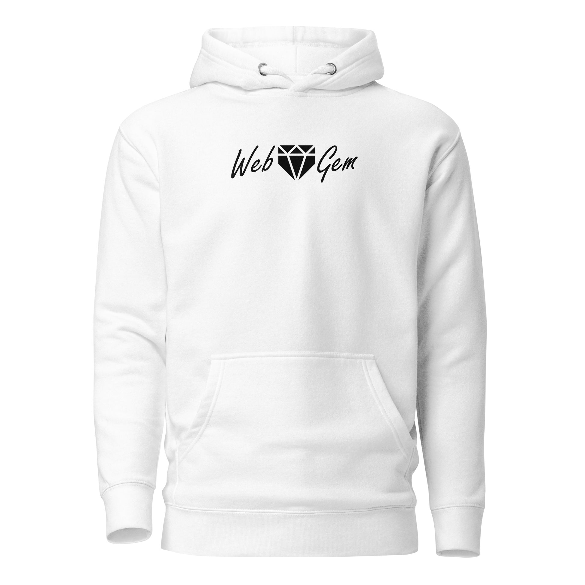 The front of the white Paradise baseball hoodie featuring a script Web Gem logo.
