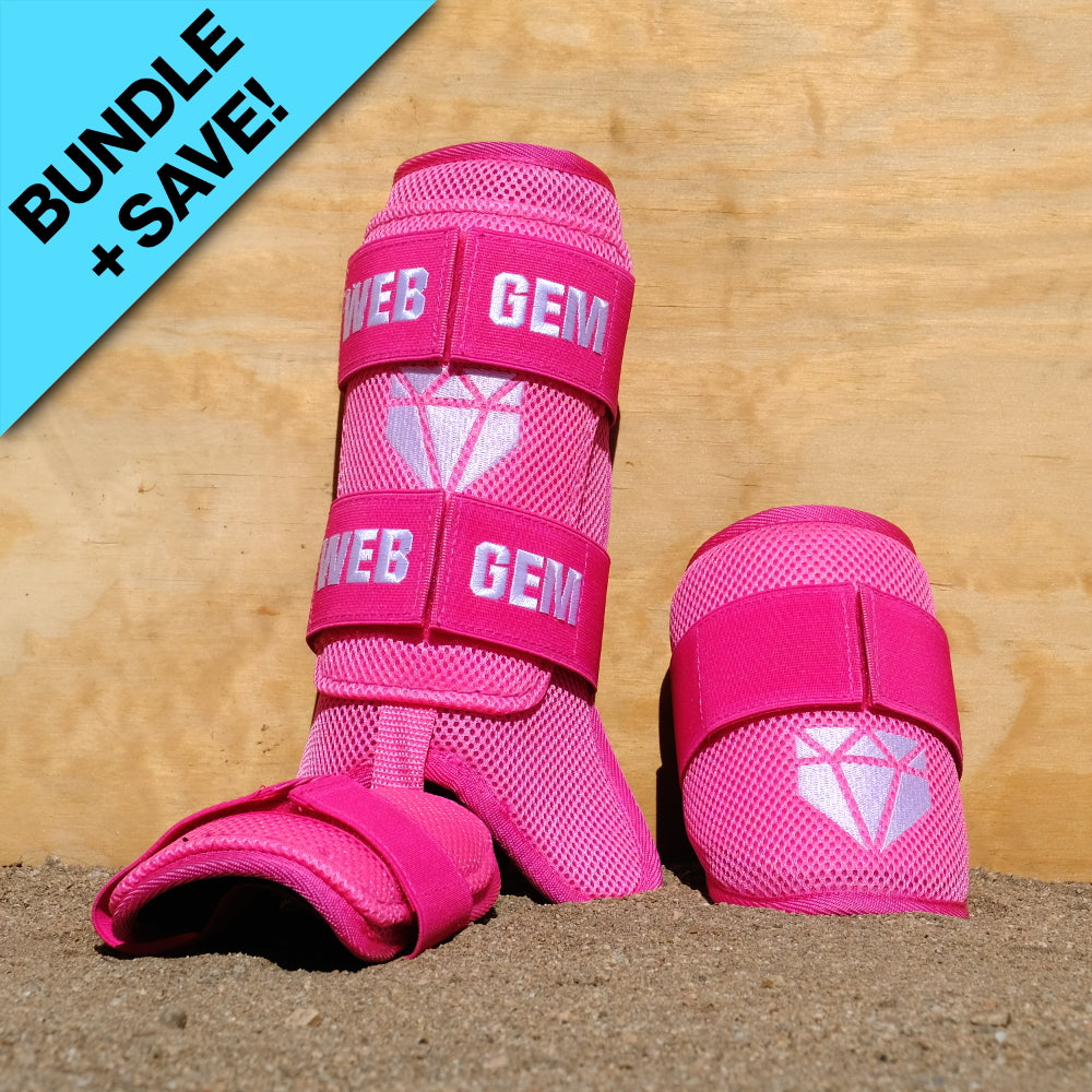 Web Gem Baseball Leg and Elbow Guard Kit – pimp job pink protective gear for youth, travel ball, and high school hitters.