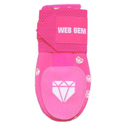 Front view of Pimp Job Pink Baseball Sliding Mitt showing logo and diamond design.