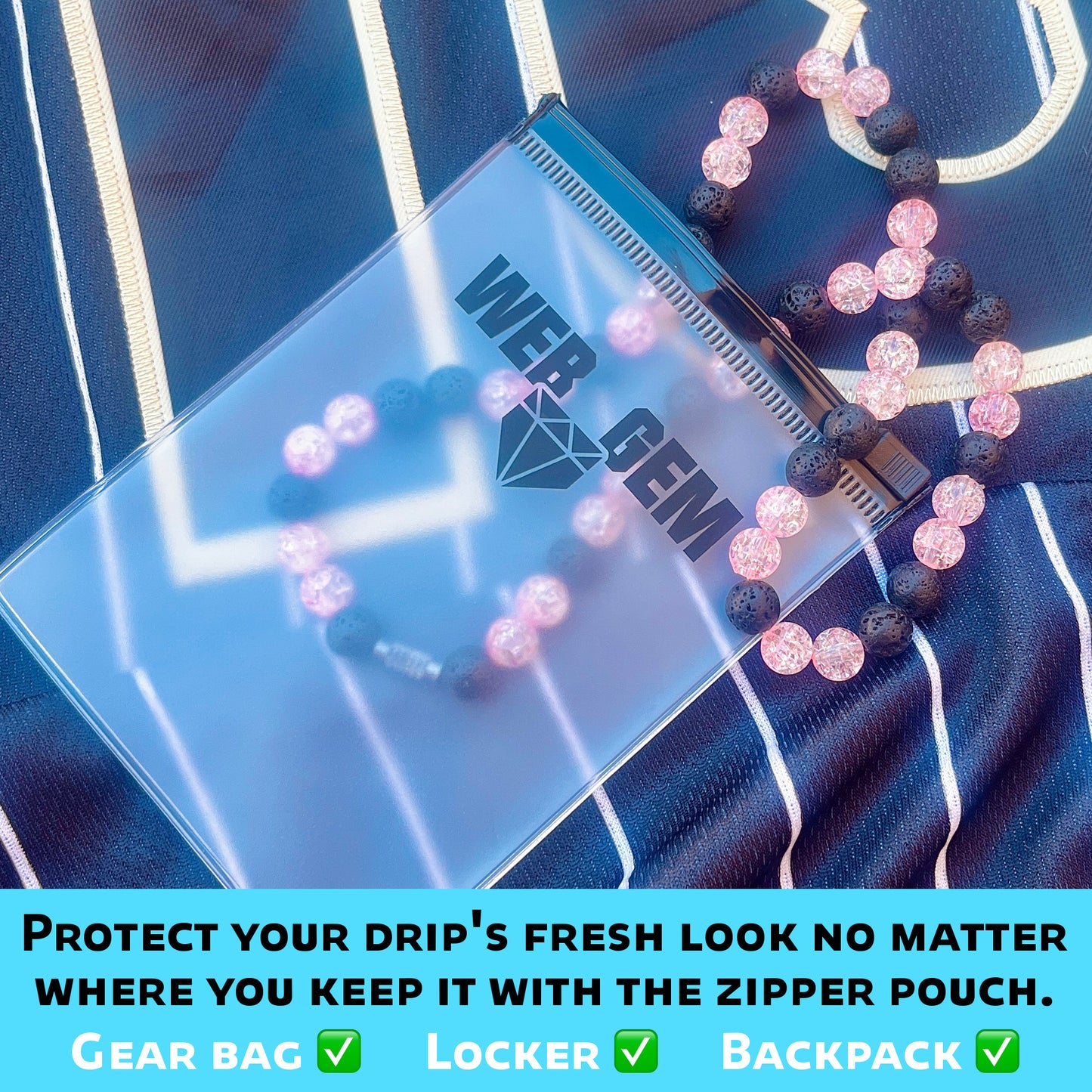 Pink Bomb inside the reusable zipper bag with Web Gem Apparel logo for storing game-day drip.