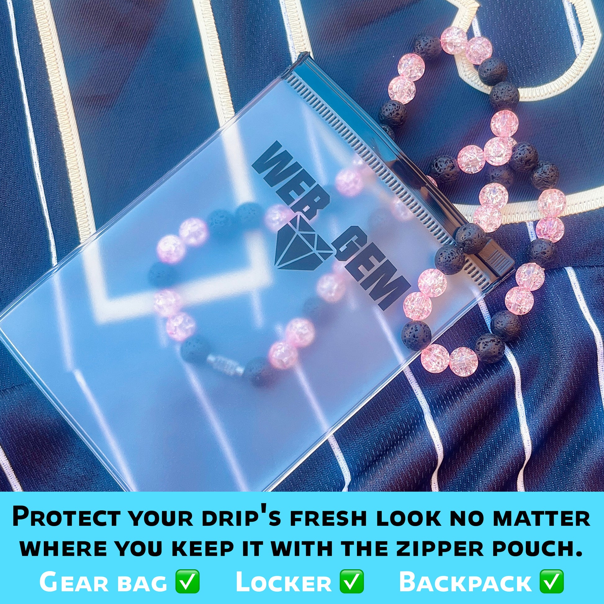 Pink Bomb inside the reusable zipper bag with Web Gem Apparel logo for storing game-day drip.
