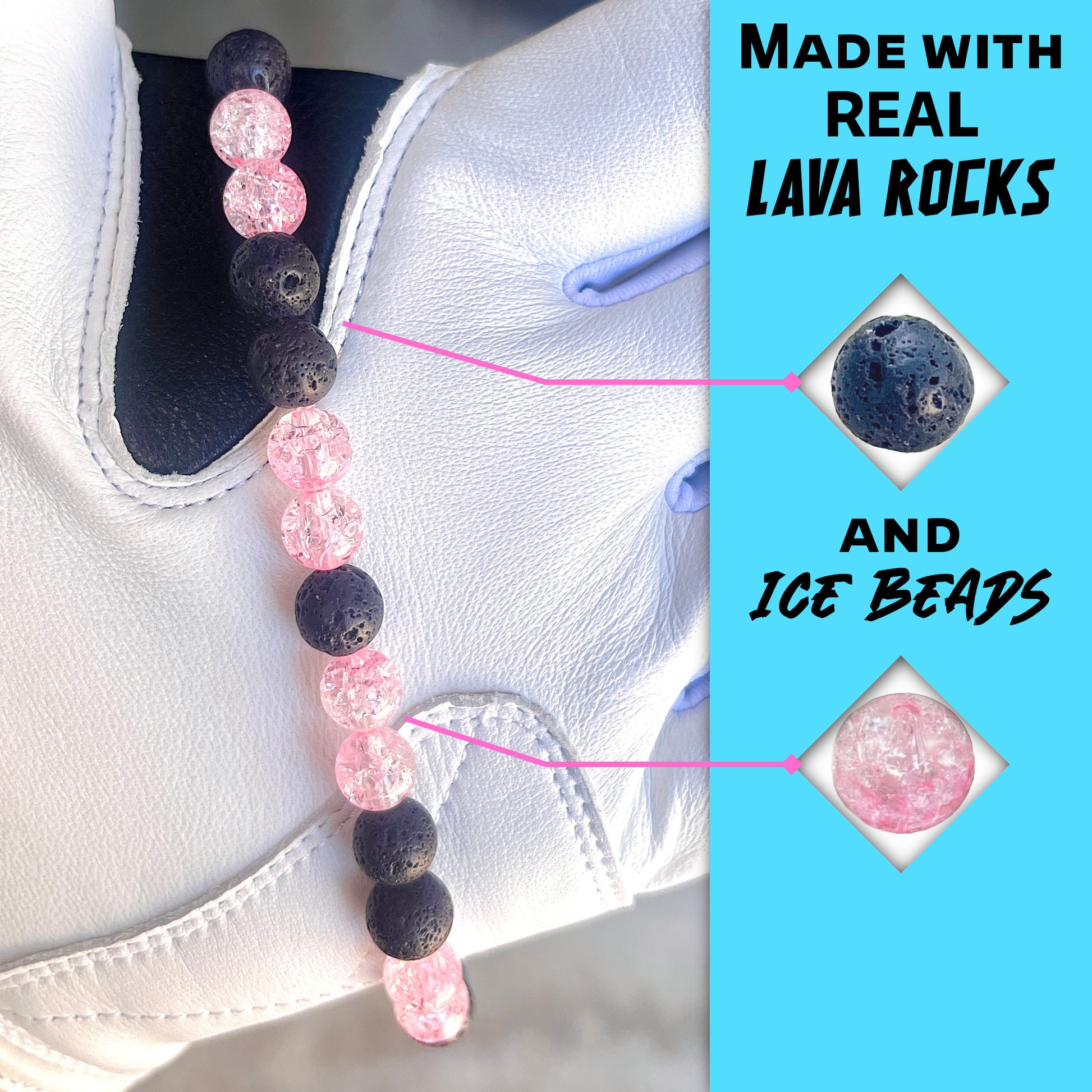 Close-up of black lava rocks and pink ice beads on the hand crafted baseball accessory.
