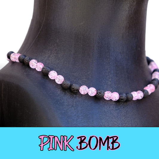 Pink Bomb Baseball Necklace with lava rocks and ice beads for players.
