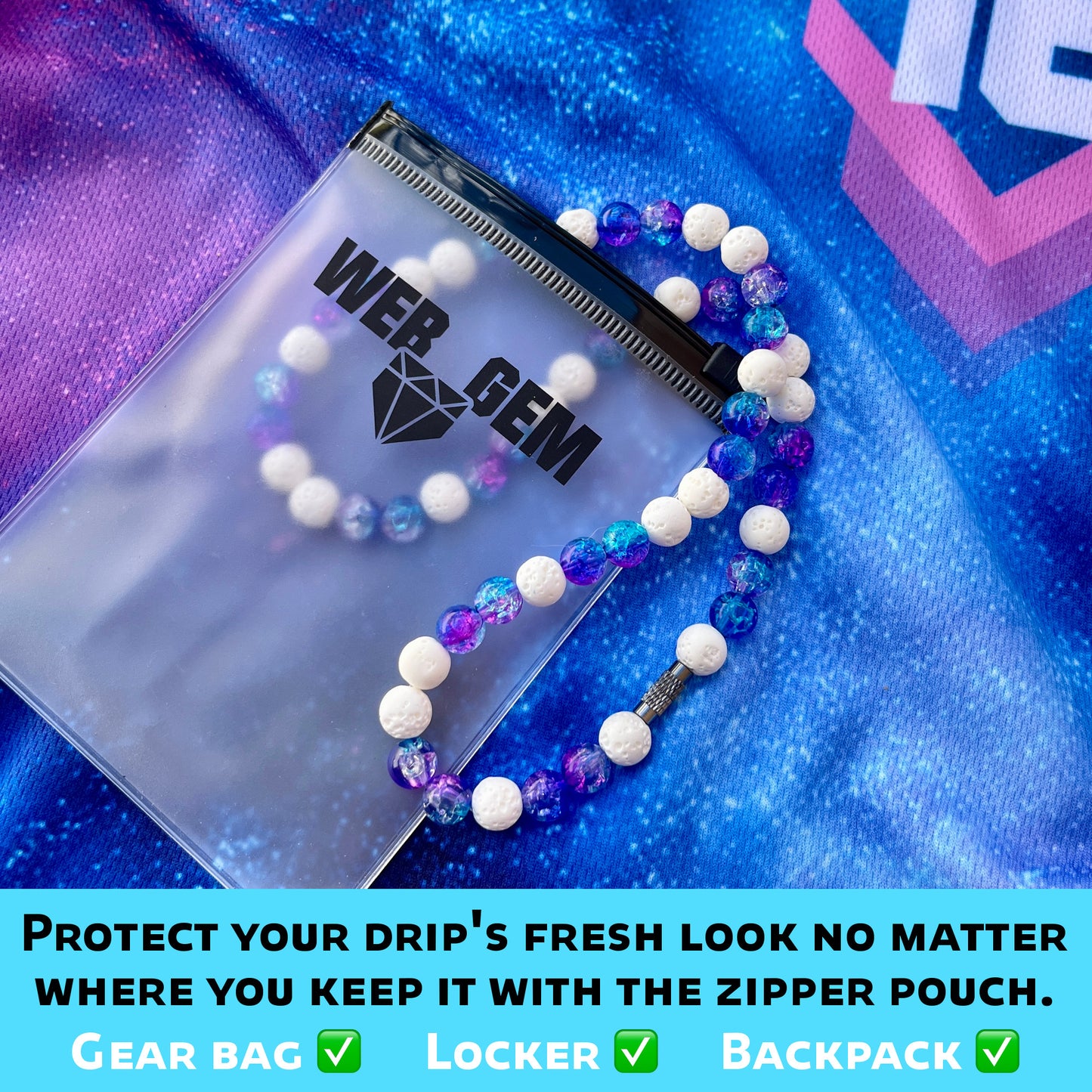 Polar Vortex inside the reusable zipper bag with Web Gem Apparel logo for storing game-day drip.