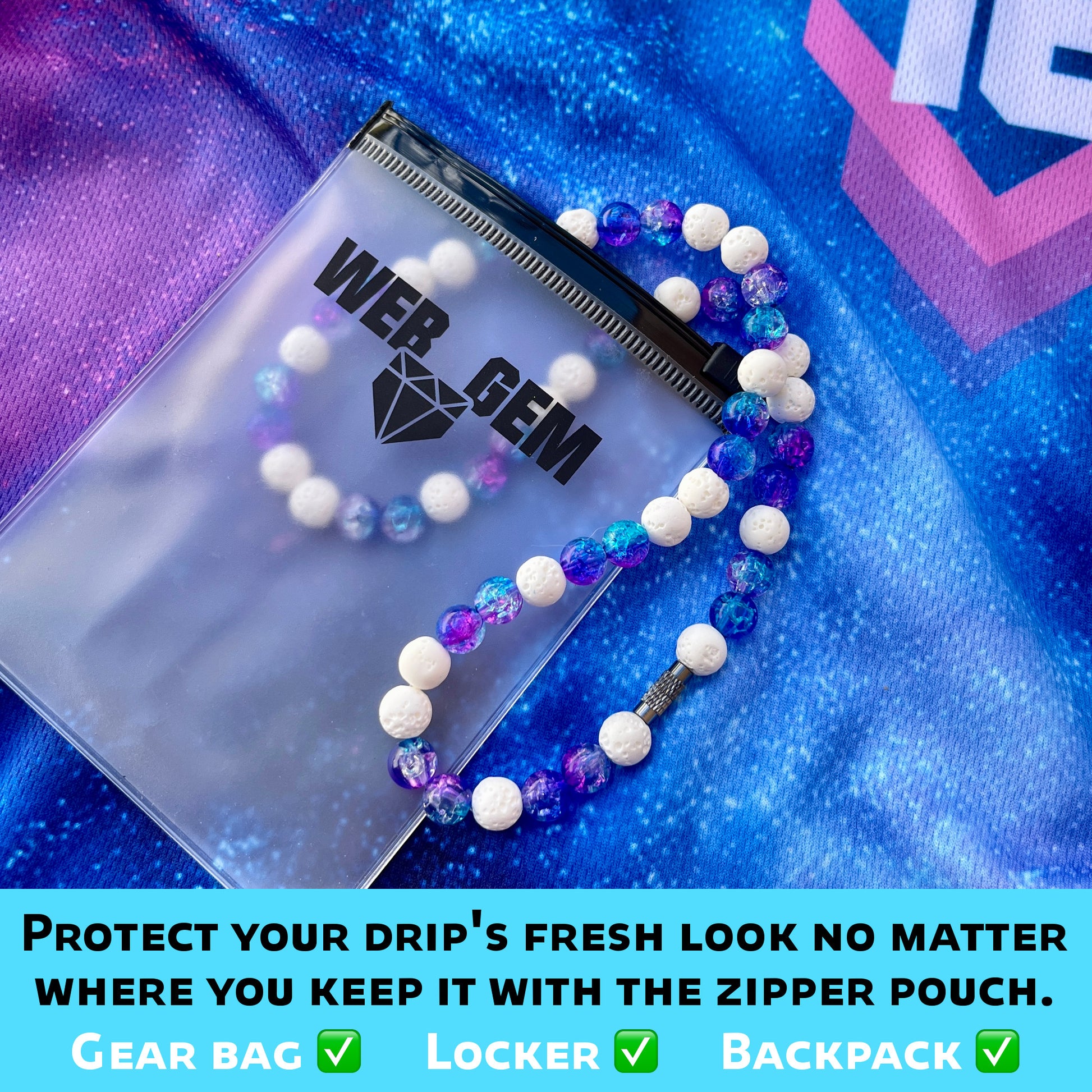 Polar Vortex inside the reusable zipper bag with Web Gem Apparel logo for storing game-day drip.