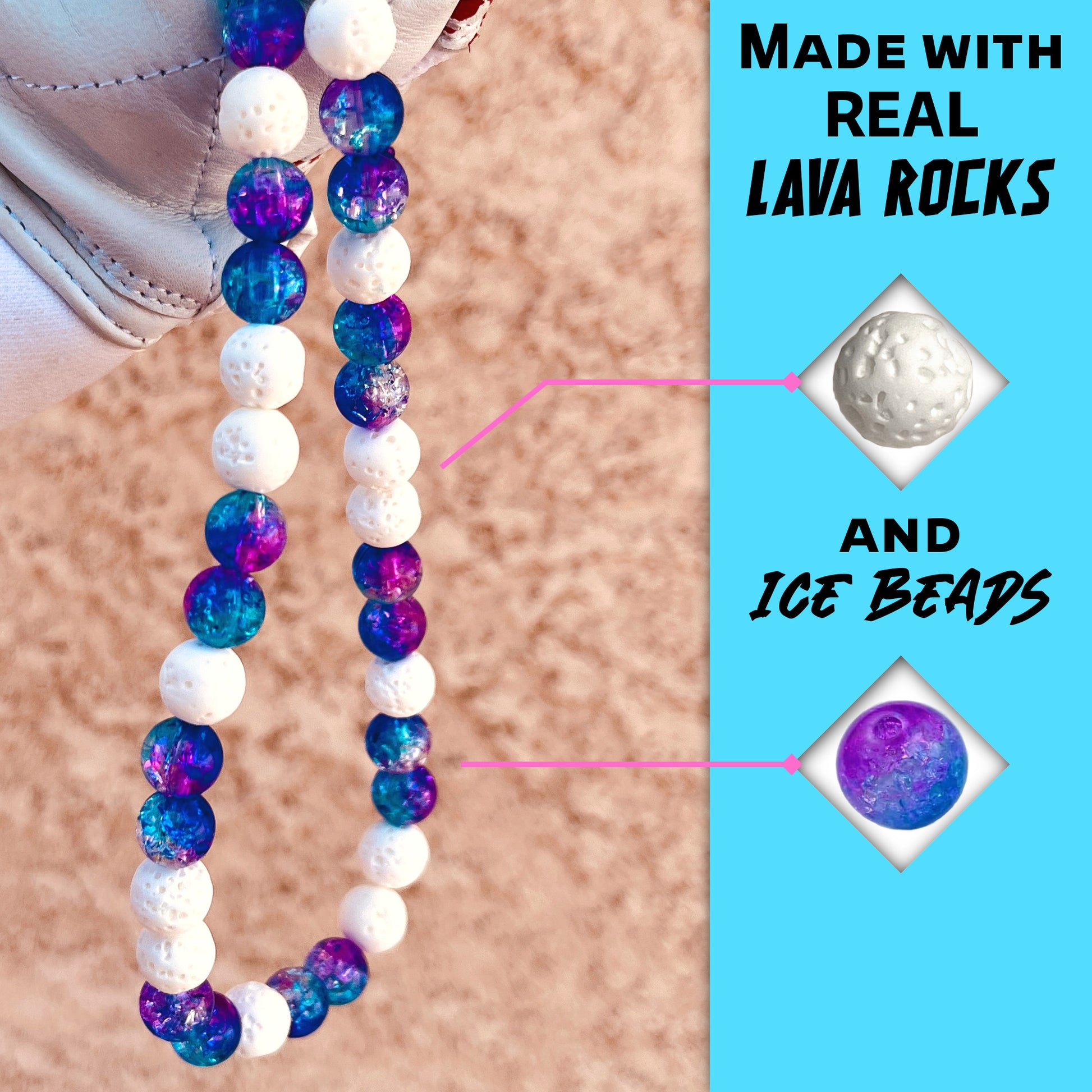 Close-up of white lava rocks and galaxy ice beads on the hand crafted baseball accessory.