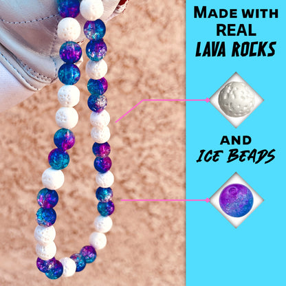Close-up of white lava rocks and galaxy ice beads on the hand crafted baseball accessory.