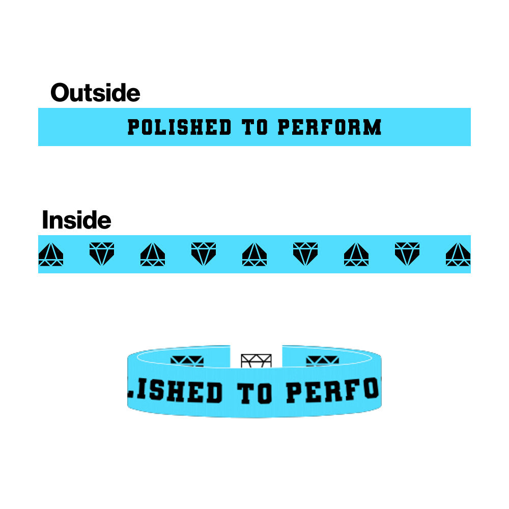 Polished to Perform design graphic showcasing the double sided elastic wristband features.