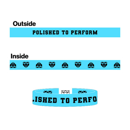 Polished to Perform design graphic showcasing the double sided elastic wristband features.