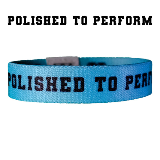 Polished to Perform Baseball outer design with black text on a blue elastic wristband.