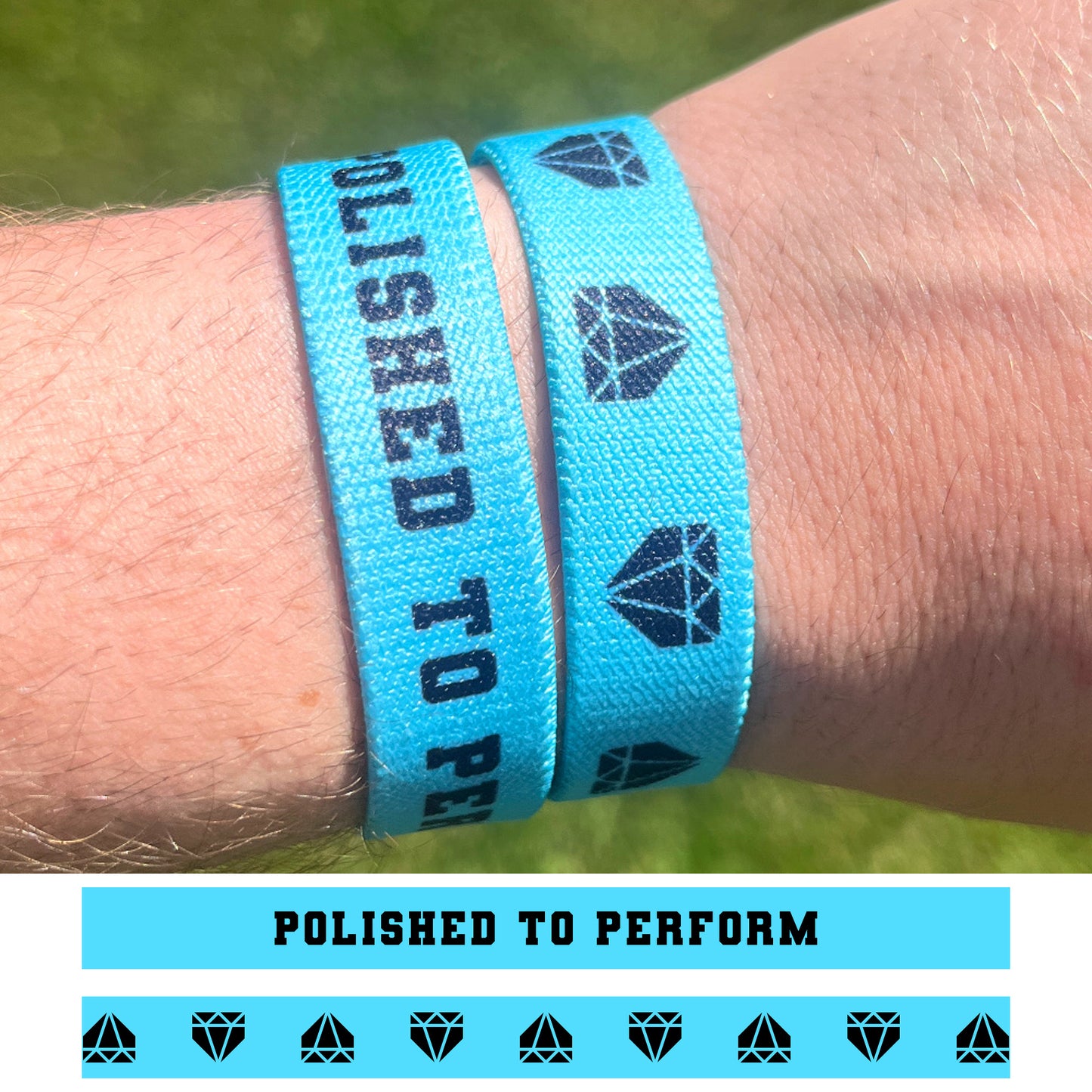 Polished to Perform double-sided elastic wristband designs shown on a baseball player.