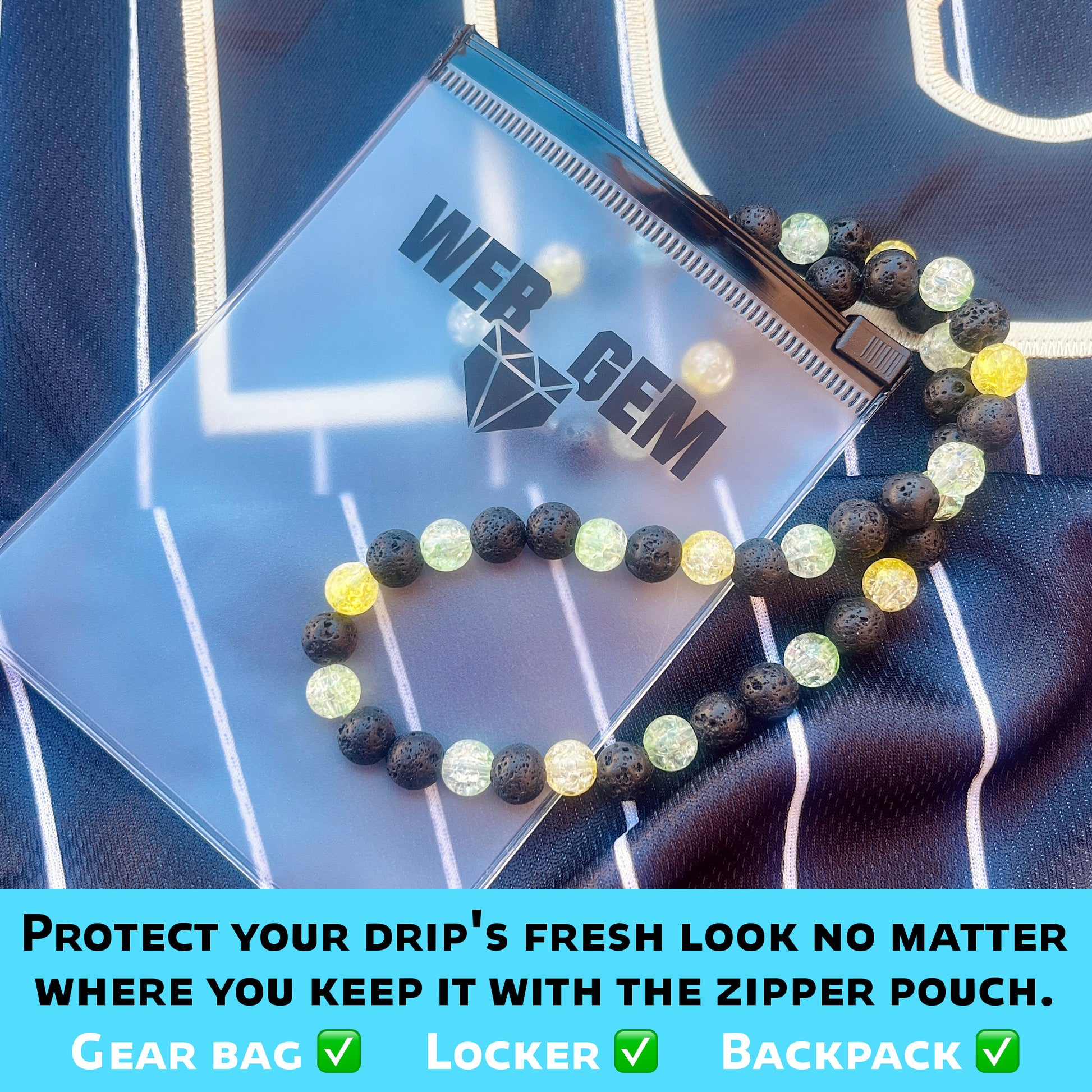 Radioactive inside the reusable zipper bag with Web Gem Apparel logo for storing game-day drip.
