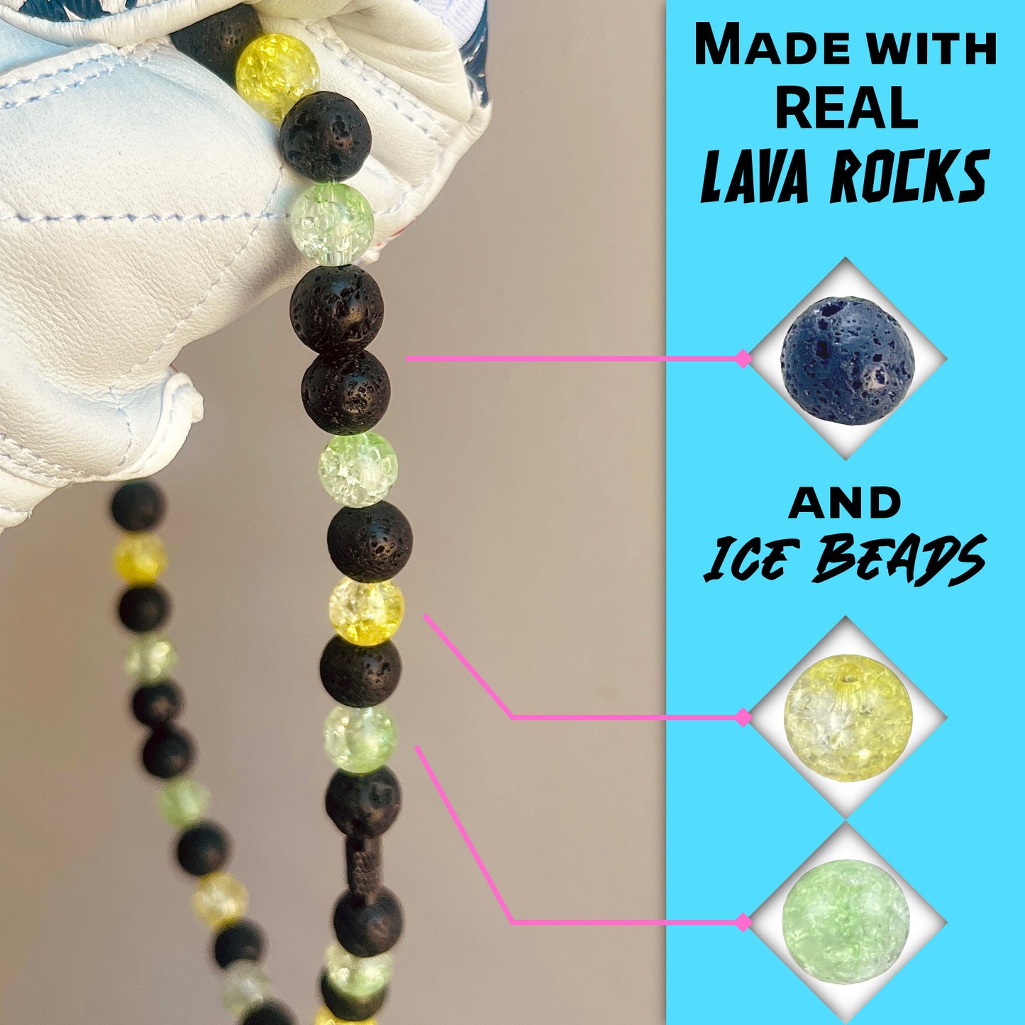 Close-up of black lava rocks and yellow and lime ice beads on the hand crafted baseball accessory.