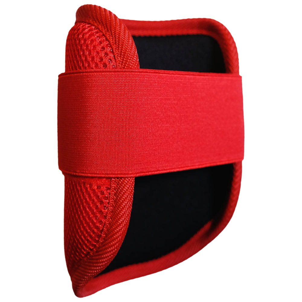 Back view of Raking Red Baseball Elbow Guard showing adjustable Velcro strap and ergonomic design