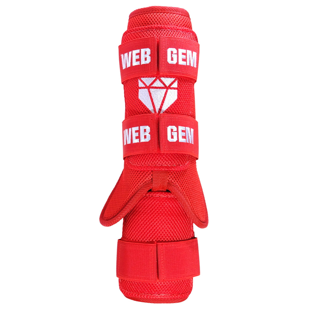 Front view of Raking Red Baseball Leg Guard showing form fitting design that works on either leg