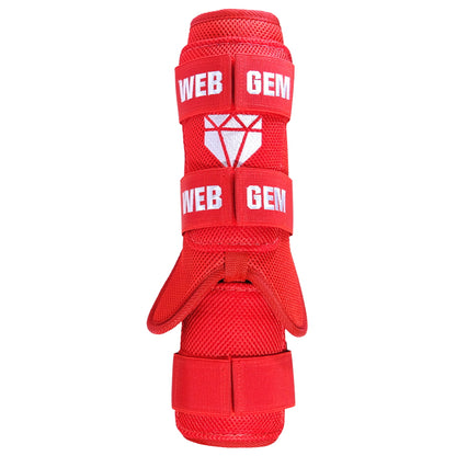 Front view of Raking Red Baseball Leg Guard showing form fitting design that works on either leg