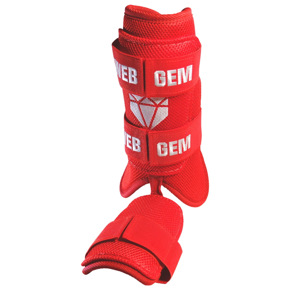 Web Gem Baseball Leg Guard – raking red protective gear for youth, travel ball, and high school hitters