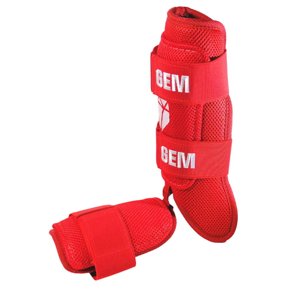 Back view of Raking Red Baseball Leg Guard showing adjustable Velcro strap and ergonomic design