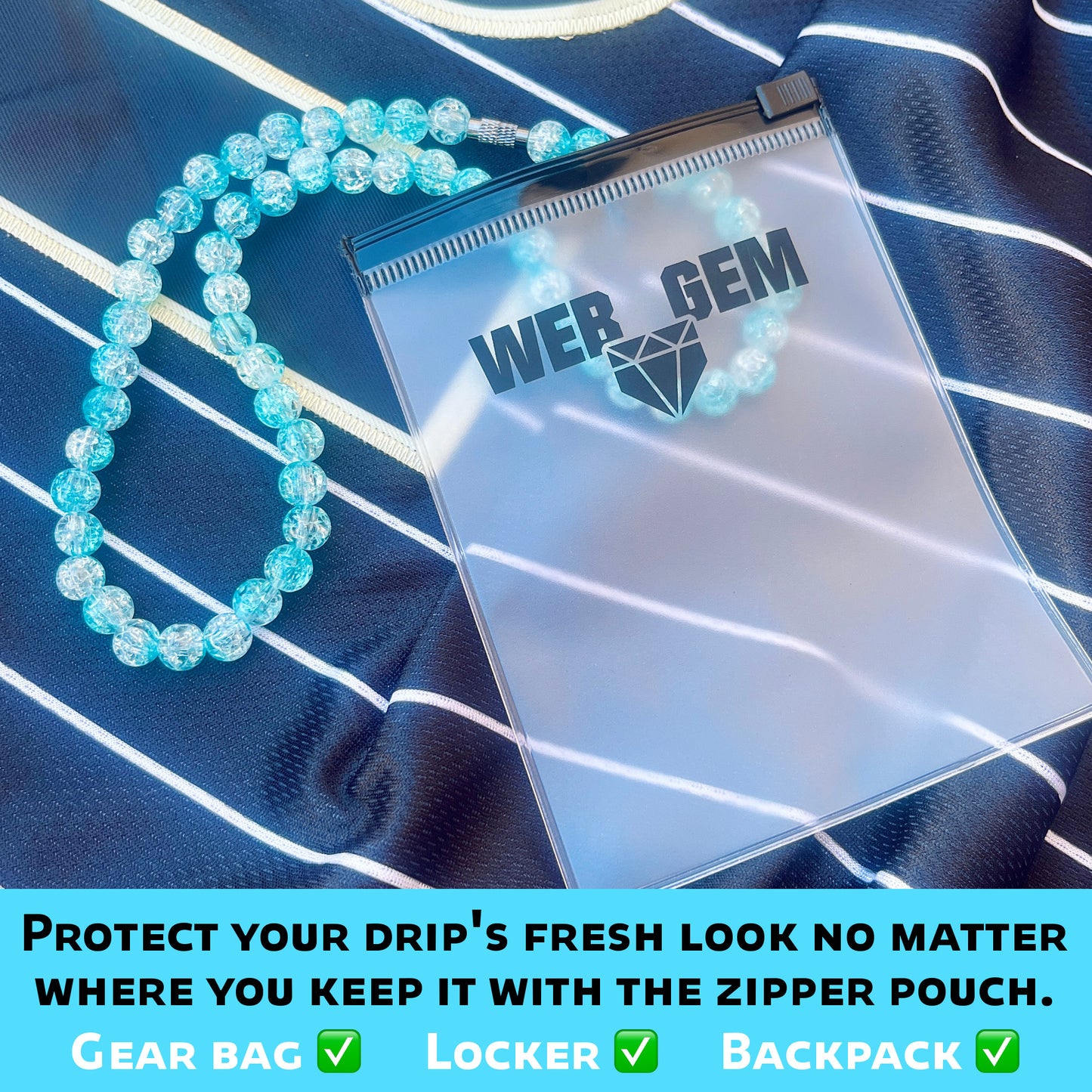 Rizzberry inside the reusable zipper bag with Web Gem Apparel logo for storing game-day drip.