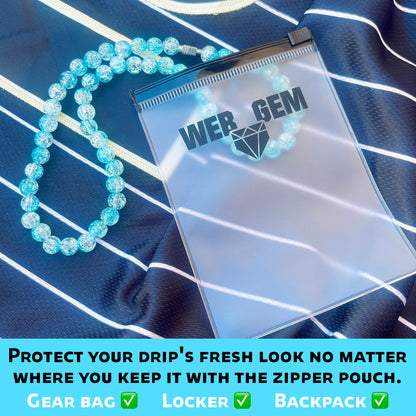 Rizzberry inside the reusable zipper bag with Web Gem Apparel logo for storing game-day drip.