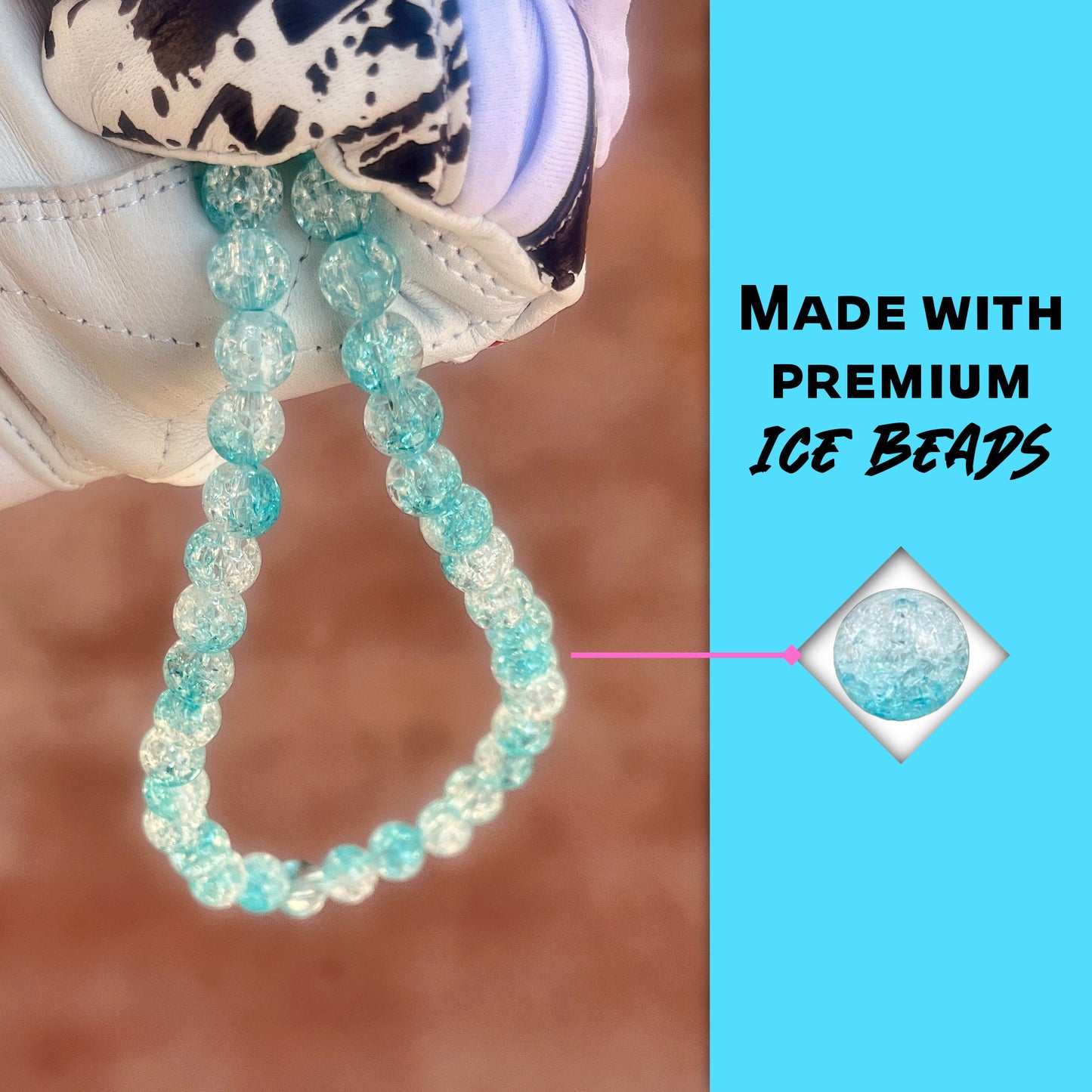 Close-up of baby blue ice beads on the hand crafted baseball accessory.