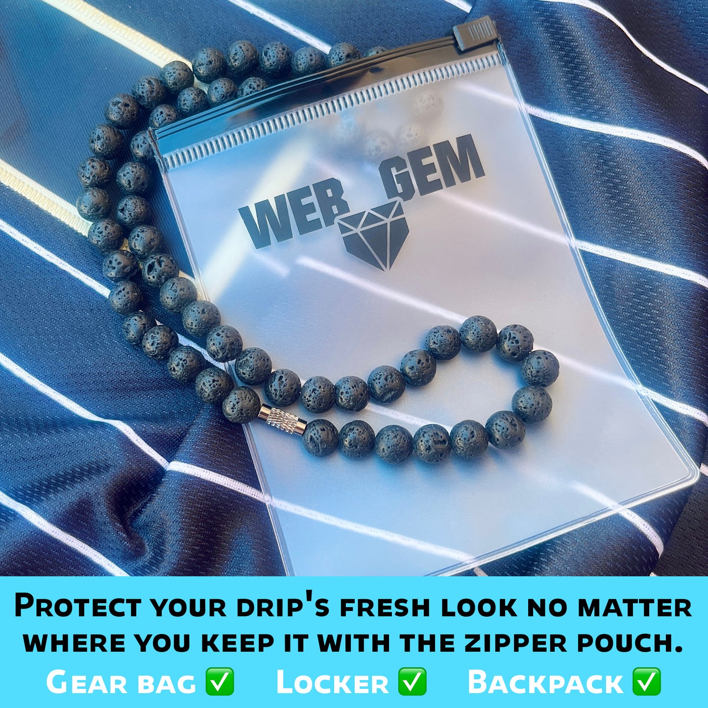 Shadow inside the reusable zipper bag with Web Gem Apparel logo for storing game-day drip.