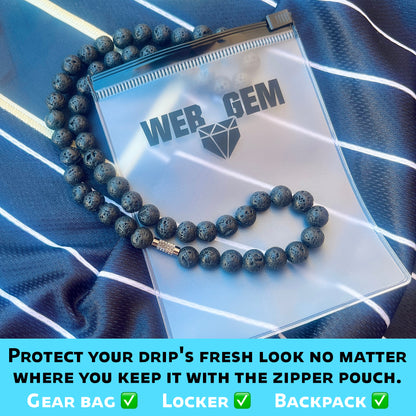 Shadow inside the reusable zipper bag with Web Gem Apparel logo for storing game-day drip.